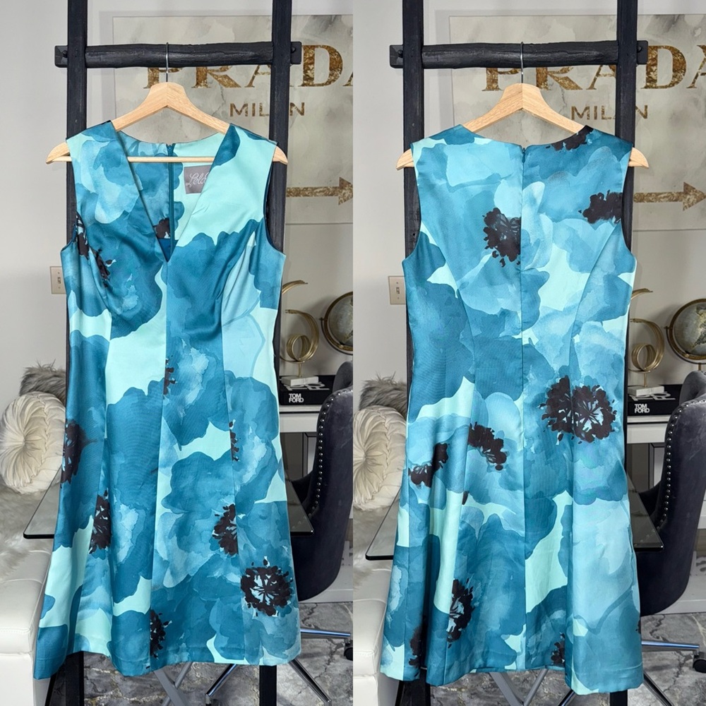 Lela Rose Blue Abstract Floral Sleeveless A Line Silk Dress Womens 12 EUC
